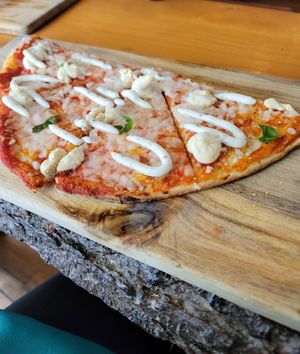 Esposito pizza at Vegan Cave Tanoor Pizza in Vancouver