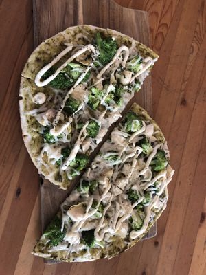 Pesto Prana…. Delicious, fresh.  at Vegan Cave Tanoor Pizza in Vancouver