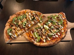 Samsara Sausage pizza at Vegan Cave Tanoor Pizza in Vancouver