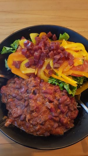 Chilin chili bowl at Vegan Cave Tanoor Pizza in Vancouver