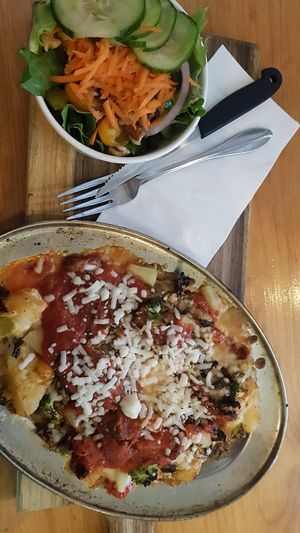 Lasagna at Vegan Cave Tanoor Pizza in Vancouver