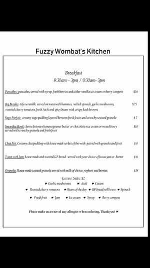 Menu! at Fuzzy Wombat's Kitchen in Port Noarlunga