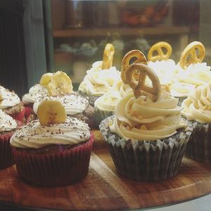 Choc mud banana & pretzel choc mud cupcakes at Fuzzy Wombat's Kitchen in Port Noarlunga