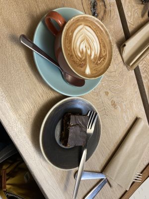Miso caramel slice and oat milk cappuccino   at Rafikis in Ashburton