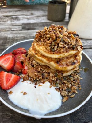 Vegan Canadian pancakes with added granola at Rafikis in Ashburton
