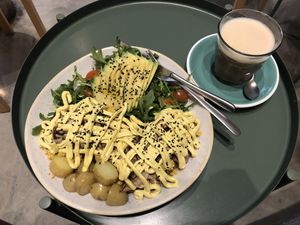 Tofu scramble added avo and oat latte  at Bohl in Barcelona