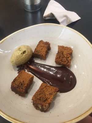 Vegan banana bread with chocolate cream and pistachio ice cream  at Bohl in Barcelona