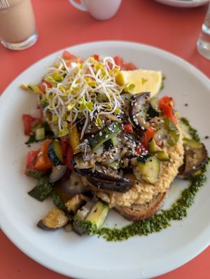 Hummus sandwich with grilled vegetables and tomato salsa at Hermann in Freiburg