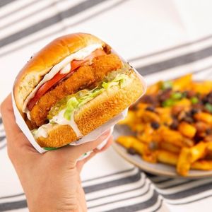 Crispy Buffalo Chickin' Sandwich & Save the Animal-Style Fries  at Veggie Grill by Next Level - UCLA Ackerman Union in West Los Angeles