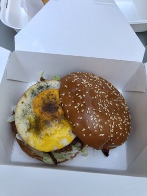 Kimchi burger with an “egg” - I liked it!  at Veggie Grill by Next Level - UCLA Ackerman Union in West Los Angeles