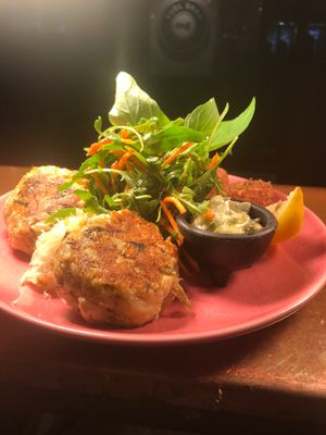 Artichoke cakes and potato bumps with habanero tartare sauce  at Hispanic Mechanic in Frewville
