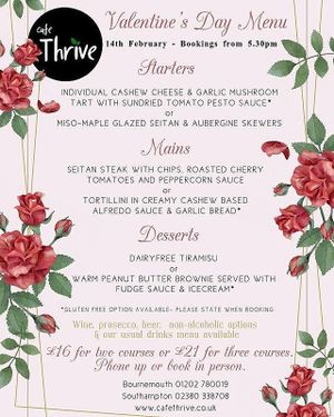 Valentine’s Day menu at Cafe Thrive in Bournemouth