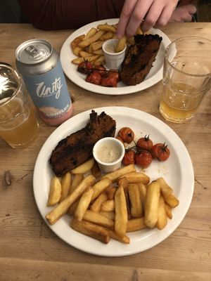 Seitan steak and chips  at Cafe Thrive in Bournemouth