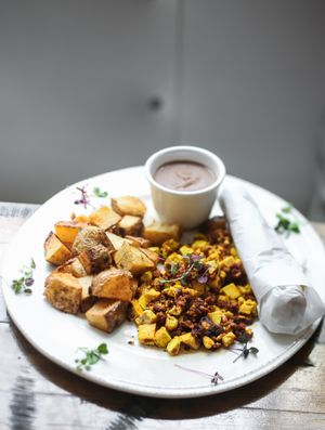 Organic Tofu Scramble with Soyrizo and House-made breakfast potatoes at Patron's Corner in San Diego