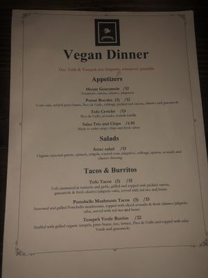 Vegan menu  at Patron's Corner in San Diego