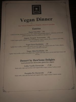 Vegan menu  at Patron's Corner in San Diego
