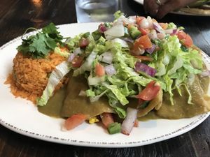 Vegan Green sauce enchiladas  at Patron's Corner in San Diego