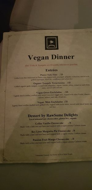 Dinner menu at Patron's Corner in San Diego