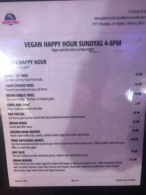 Vegan happy hour menu at Golden Road Brewing - DTLA in Los Angeles