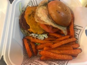 Vegan burger with vegan egg at Golden Road Brewing - DTLA in Los Angeles