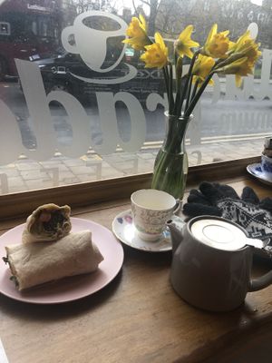 Beautiful tea and a wrap  at Hummus in Edinburgh