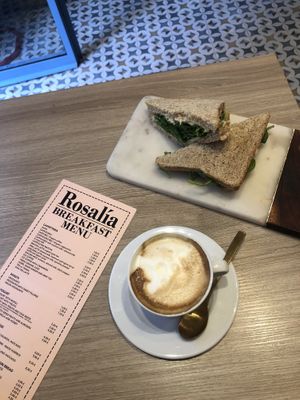 cappuccino with soya and hummus and spinach salad  at Rosalía in Florence