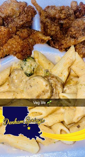 Oyster mushroom pasta with broccoli and beyond sausage  at Vegan Friendly Foods in Baton Rouge