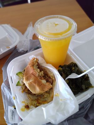 A  Mean Backsliding Vegan sandwich with Collard greens and Mango Lemonade at Vegan Friendly Foods in Baton Rouge