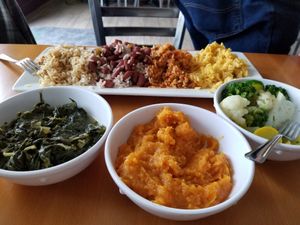 Soulfood platter, collard greens, yams, veg. medley at Vegan Friendly Foods in Baton Rouge