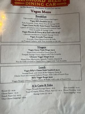 Vegan menu   at Railroad Bill's Dining Car in Des Moines