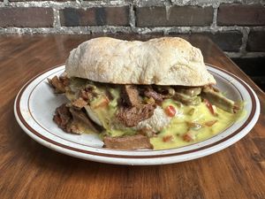 Vegan Philly cheesesteak sandwich   at Railroad Bill's Dining Car in Des Moines