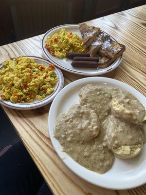 Vegan Union-Pacific Style French Toast, a side of Tofu Scramble, and an order of Vegan Biscuits & Gravyy  at Railroad Bill's Dining Car in Des Moines