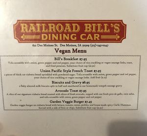 Vegan menu- order at the counter   at Railroad Bill's Dining Car in Des Moines