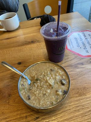 Apple Sunflower Oatmeal. May look Plain but is very flavorful, like an apple pie. Also got a Deep Purple Smoothie which is a very pretty color at Green Sage Cafe - Broadway in Asheville