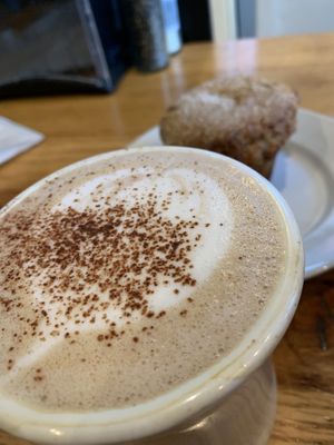 Post breakfast snack: Mocha Oatmilk Latte and Lemon Blueberry Muffin.  at Green Sage Cafe - Broadway in Asheville