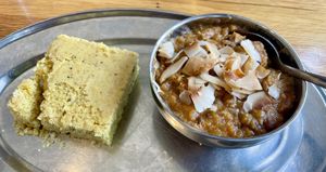 Overly salted Lentil soup w/dry corn breadd  at Green Sage Cafe - Broadway in Asheville