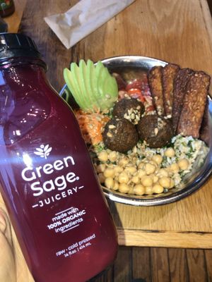 Beet juice and falafel bowl with added tempeh!  at Green Sage Cafe - Broadway in Asheville