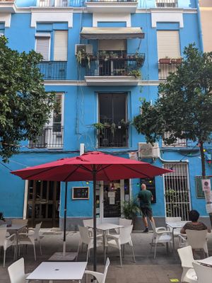 Outdoor sitting area at Cafe Madrigal in Valencia