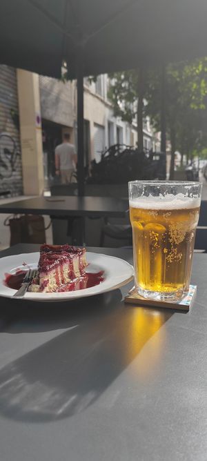 First visit was just for a pick-me-up after a long walk. Cheese-cake and beer. What's wrong with that? at Cafe Madrigal in Valencia