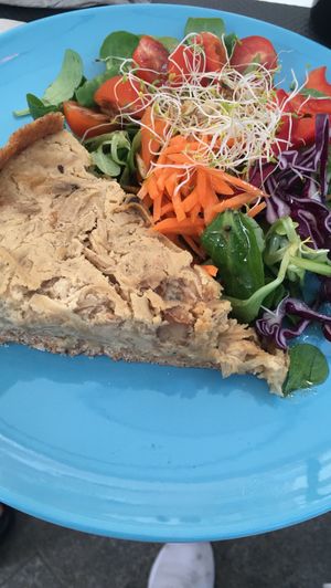 Onion quiche with salad at Cafe Madrigal in Valencia