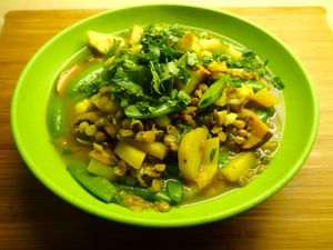Hot spicy meal - lentils, potatoes, mushrooms, fresh green vegetables and spices. at Chris Valles - Suikido Nutritionist in Ronne