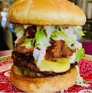 Wham Burger! Beyond patty, house made crispy onions, cheese, lettuce, onions, pickles and Wham sauce.  at Hang Space in Richmond