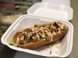 Po’Gurl fishless Sub! Lettuce, pickles, onions and tickle sauce.  at Hang Space in Richmond