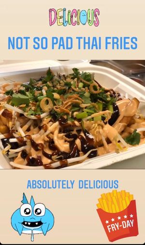 Not So Pad Thai Fries - Crispy fries smothered in bean sprouts, red onions, white onions, Go Go Sauce, hoisin, Sriracha, scallions, cilantro, PEANUTS, crispy onions.  at Hang Space in Richmond