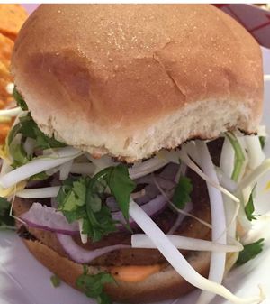 Thai Fighter - beyond patty, sprouts, cilantro, onions, Go Go Sauce, Hoisin, Sriracha.  at Hang Space in Richmond