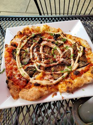 Eggplant pizza with vegan cheese at Falafel Shack in Chambersburg
