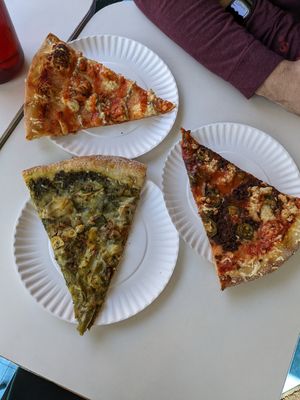 Artichoke, chorizo & buffalo cauli slices at Screamer's Pizzeria - Crown Heights in Brooklyn