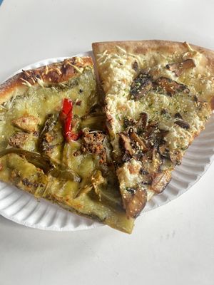 artichoke (left) and screamer (right)  at Screamer's Pizzeria - Crown Heights in Brooklyn