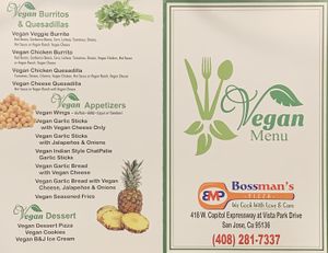 Vegan Menu at Bossman's Pizza in San Jose