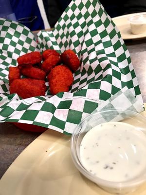 Vegan hot wings with vegan ranch at Bossman's Pizza in San Jose